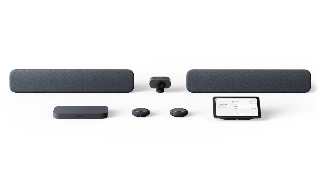 Lenovo ThinkSmart Google Meet Room-pakke med to høyttalere, standardkamera, beregningsenhet, to mikrofonmoduler og berøringskontroll i mørkegrå