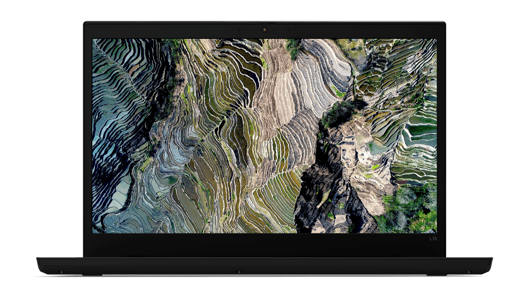 Imagen frontal de la laptop ThinkPad L15 2da Gen (15.6”, AMD) abierta a 90° con la pantalla encendida