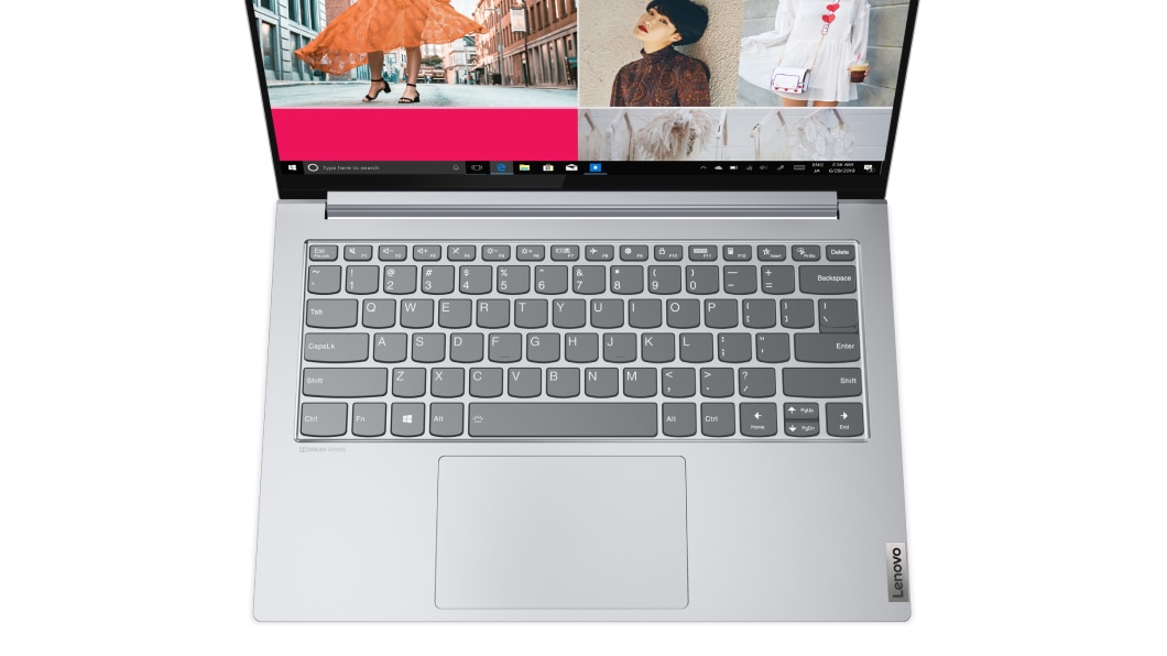 Zilveren Lenovo Yoga Slim 7 Pro 14, bovenaanzicht met toetsenbord en een deel van het beeldscherm