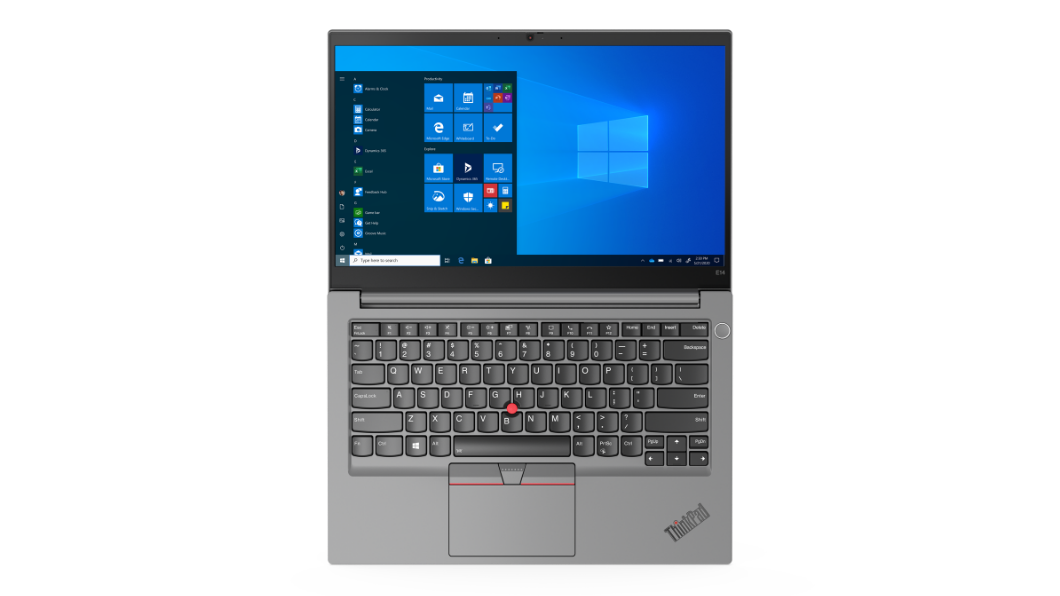 Draufsicht auf das silberne Lenovo ThinkPad E14 Gen 2, 180 Grad geöffnet