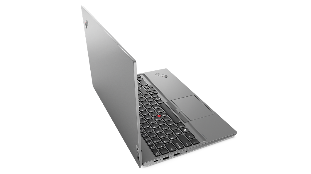 Aerial view of rear facing ThinkPad E14 Gen 4 business laptop, opened 90 degrees at a slight angle, showing top cover and part of keyboard
