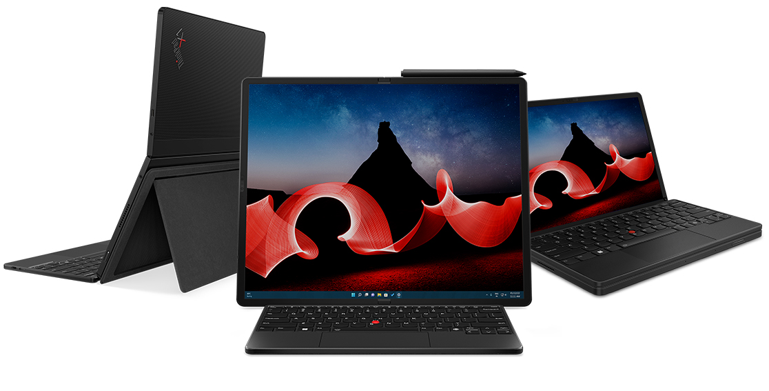 Lenovo ThinkPad X1 Fold devices: 1. rear side with optional keyboard & kickstand, 2. landscape mode with pen attached, & 3. laptop mode with keyboard.