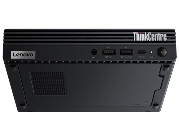Onderaanzicht van Lenovo ThinkCentre M90q Gen 3, steunend op de rechterkant.
