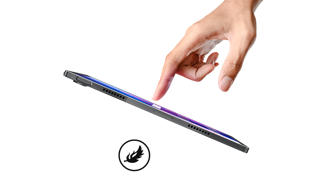 A direct side-view of the Lenovo Tab P12 Pro and a human hand, highlighting its super-thin, lightweight construction.
