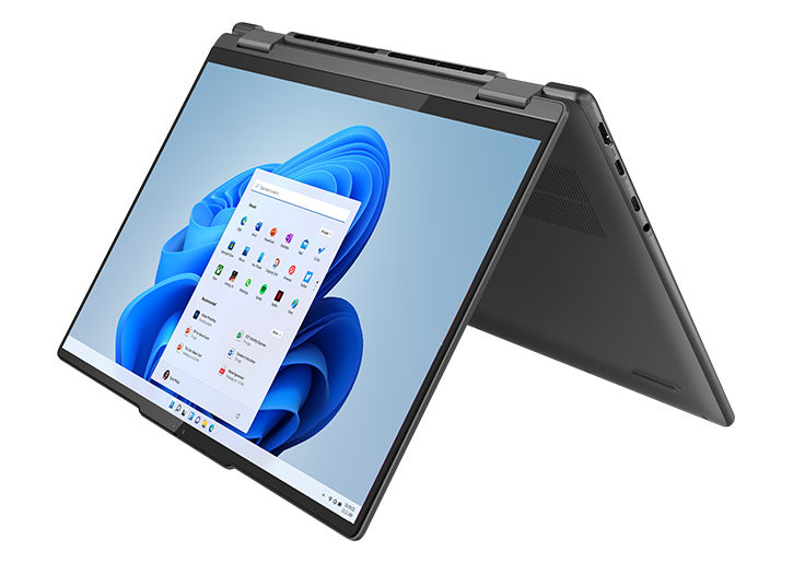 Two Yoga 7 Gen 8 (14″ AMD) devices back-to-back, one in laptop mode and one in tent mode