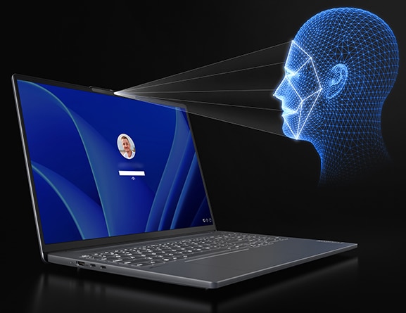 An opened IdeaPad Pro 5 Gen 8 (16'' intel) with an illustration of beams emerging from the webcam to capture a schematic drawing human head