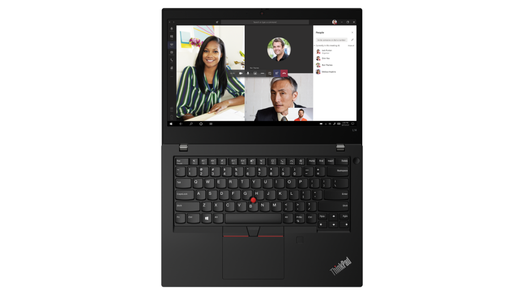 Vista dall'alto del notebook Lenovo ThinkPad L14 di seconda generazione (Intel) aperto a 180° gradi con tastiera e schermo.