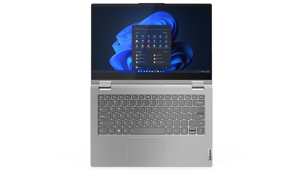 En ThinkBook 14s Yoga Gen 2 konvertibel bärbar dator i mineral grey i vanligt datorläge, öppen 180° för att markera 14-tumsskärmen och tangentbordet i full storlek.