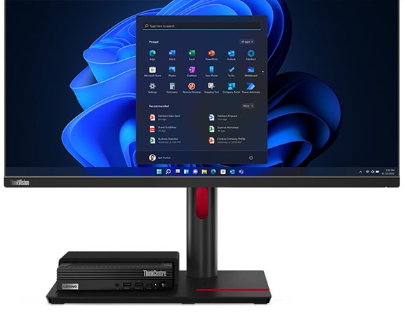 Front facing view of Lenovo ThinkCentre M90q Gen 3 sitting on top of Lenovo monitor base