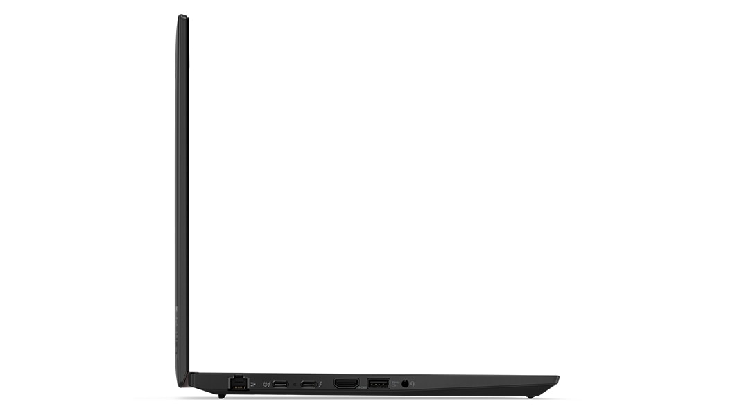 Left-side profile of the Lenovo ThinkPad T14 Gen 4 laptop open 90 degrees.