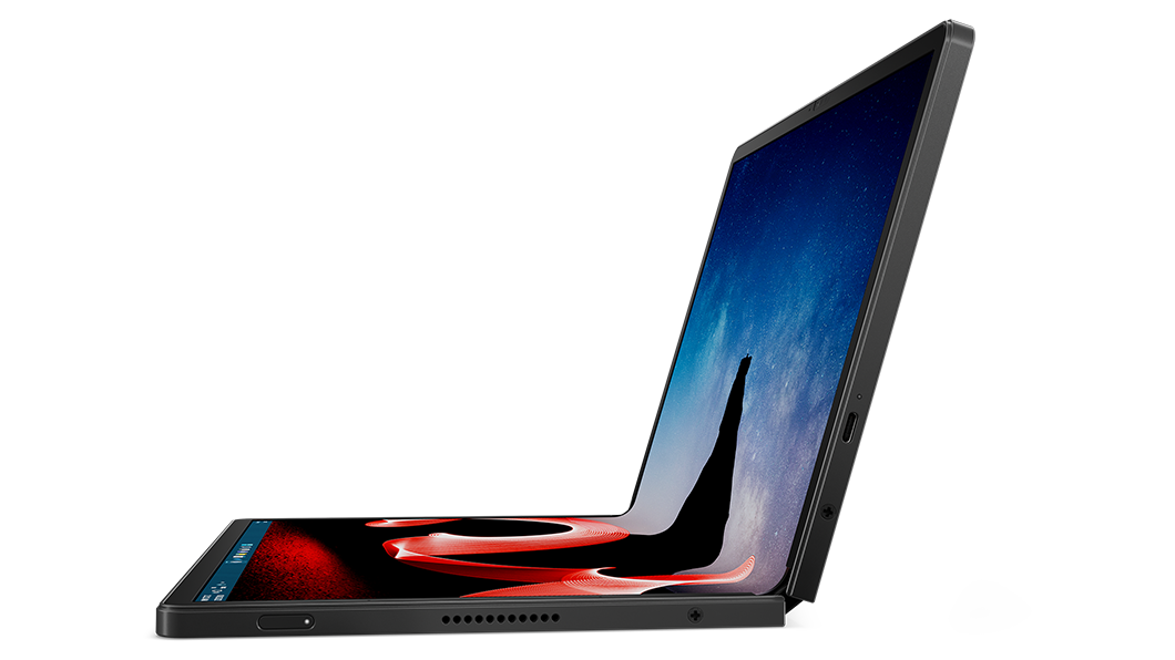 Profil droit du PC pliable Lenovo ThinkPad X1 Fold ouvert à 90 degrés.