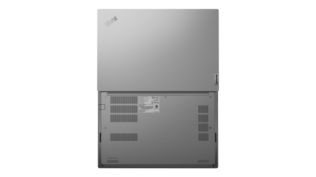 2. generasjons sølvfarget Lenovo ThinkPad E14 sett ovenfra og bakfra, åpnet 180 grader
