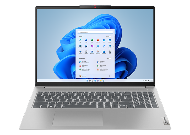 Vista frontale del notebook IdeaPad Slim 5i di ottava generazione con tastiera e schermo con logo Windows 11 Bloom