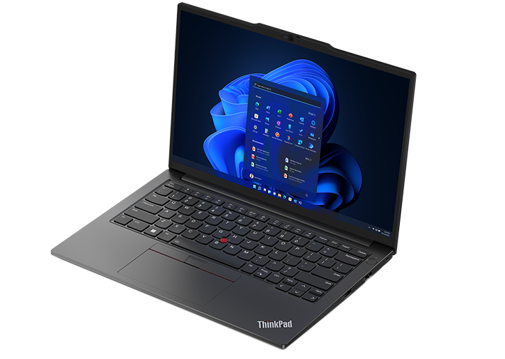 ThinkPad E14 Gen 5 (14" Intel) laptop – front view from the right and above, lid open, with Windows 11 startup menu on the display