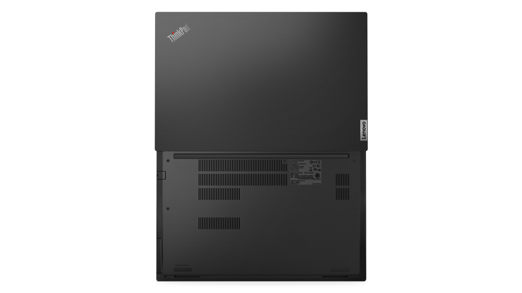 Aerial view of ThinkPad E15 Gen 4 business laptop, opened 180 degrees, flat, showing top and rear covers