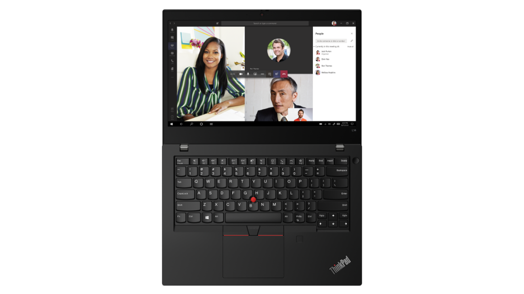 Lenovo ThinkPad L14 Gen 2 (14”, AMD) ‑kannettava – ylhäältä ja edestä kuvattuna, kansi 180 astetta avattuna ja neljän osallistujan videoneuvottelu näytössä