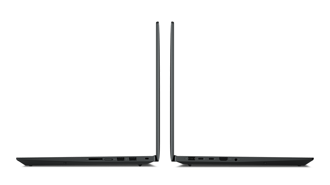 Zwei mit der Rückseite zueinander gestellte mobile Workstations Lenovo ThinkPad P1 Gen 4, im 90-Grad-Winkel aufgeklappt und mit Ansicht der linken und rechten Anschlüsse.