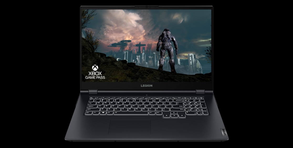 Legion 5i Gen 6 (17″ Intel) front facing, fully opened, “Halo” on screen
