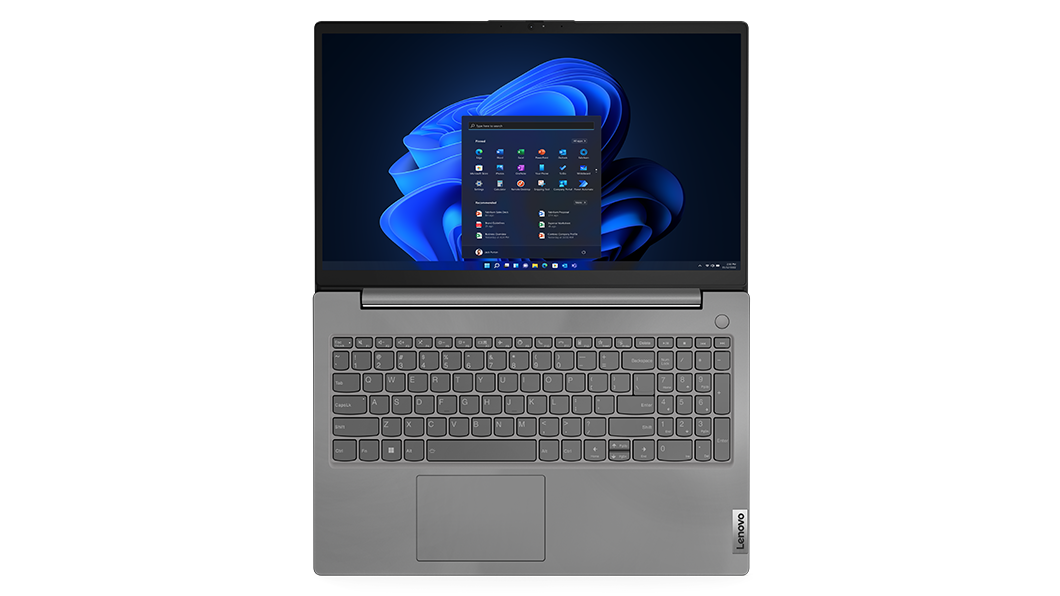 Vista dal'alto del notebook Lenovo V15 di terza generazione (15'' Intel) completamente aperto a 180°, che mostra tastiera e schermo con Windows 11