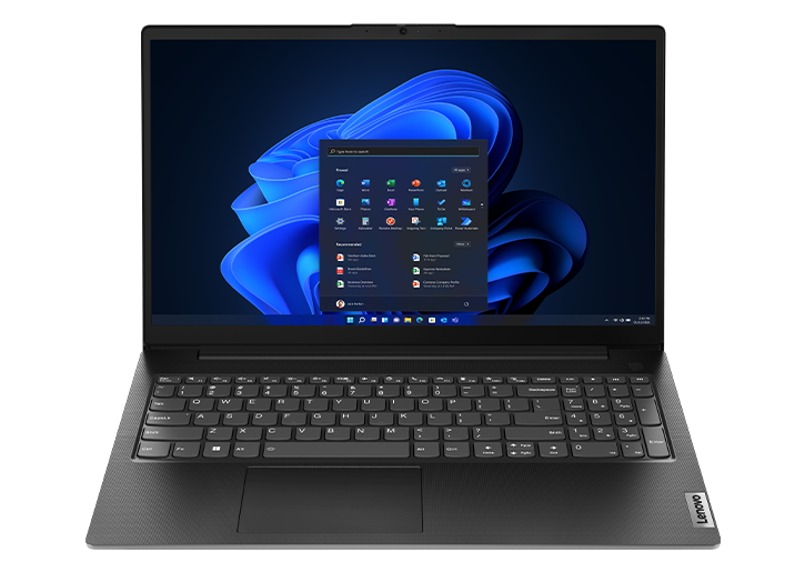 Vue de face du portable Lenovo V15 Gen 4 en Basic Black, présentant l’écran de 38,10 cm (15'') avec Windows 11 Professionnel.