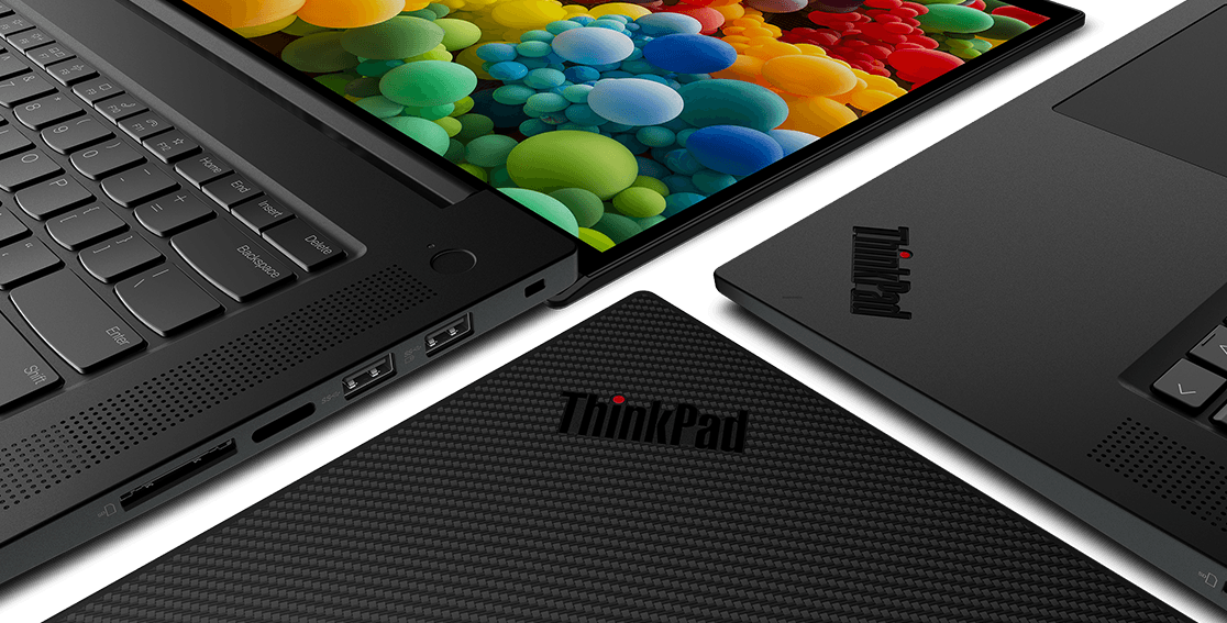 Yksityiskohta ThinkPad-logoista Lenovo ThinkPad P1 Gen 4 -näppäimistössä ja yläkannessa, lisäksi yksityiskohdat näytöstä ja näppäimistön yläkulmasta.
