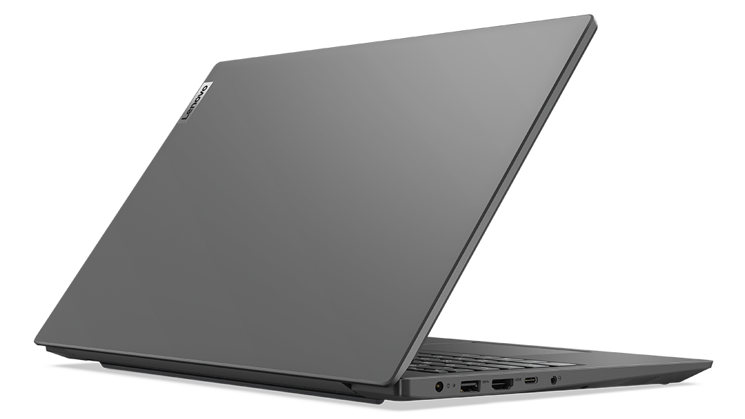 Zijaanzicht vanaf rechtsachter van een Lenovo V15 Gen 3 (15'' Intel) laptop, 50 graden geopend met achterkant en deel van toetsenbord zichtbaar