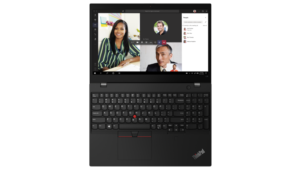 Lenovo ThinkPad L15 Gen 2 (15” AMD) laptop—top/front view with lid open 180 degrees and display showing video conference with four participants