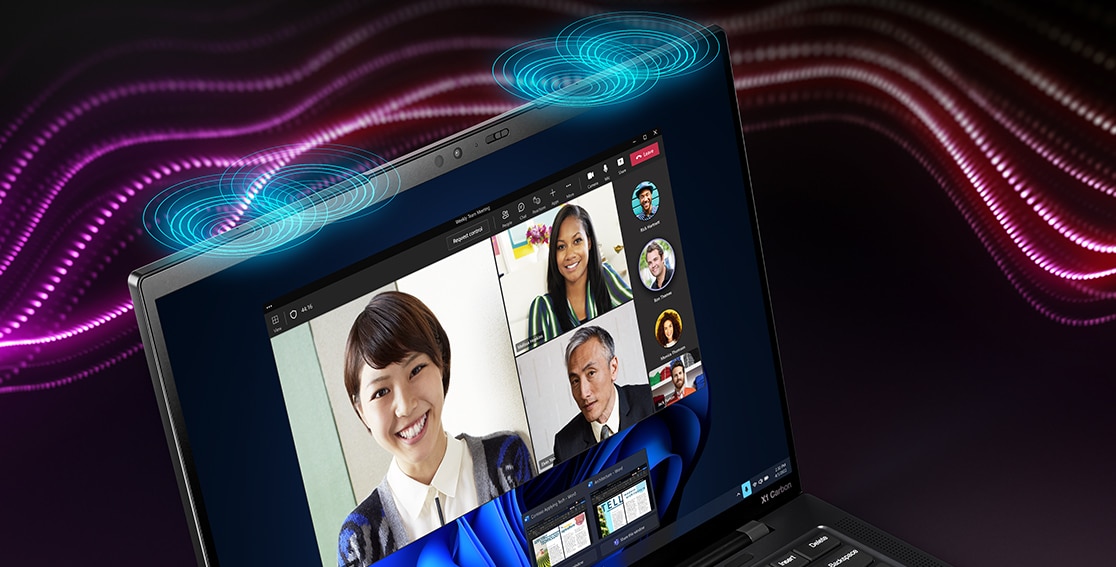 Nærbillede af videomøde på skærmen på en bærbar Lenovo ThinkPad X1 Carbon Gen 11