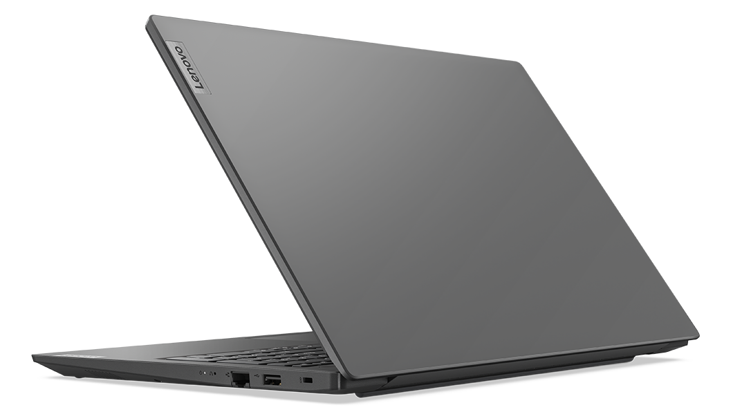 Vista posteriore laterale sinistra del notebook Lenovo V15 di terza generazione (15'' Intel) aperto a 50°, con coperchio posteriore e parte della tastiera