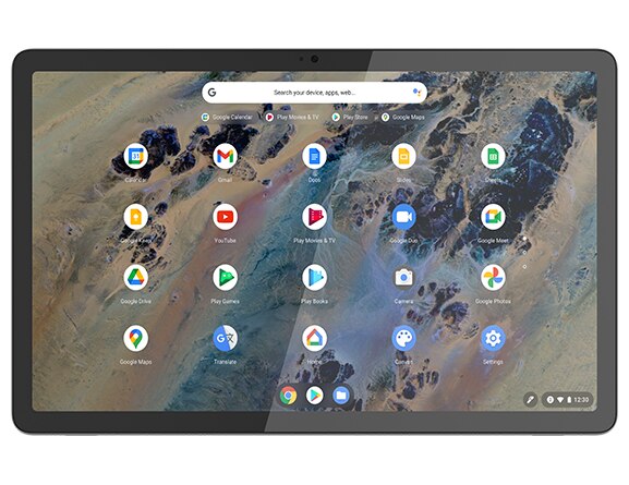 Vue de dessus du Chromebook Duet Lenovo Education Edition 2-en-1 en mode tablette, montrant l’écran et diverses applications, y compris Gmail et Google Docs