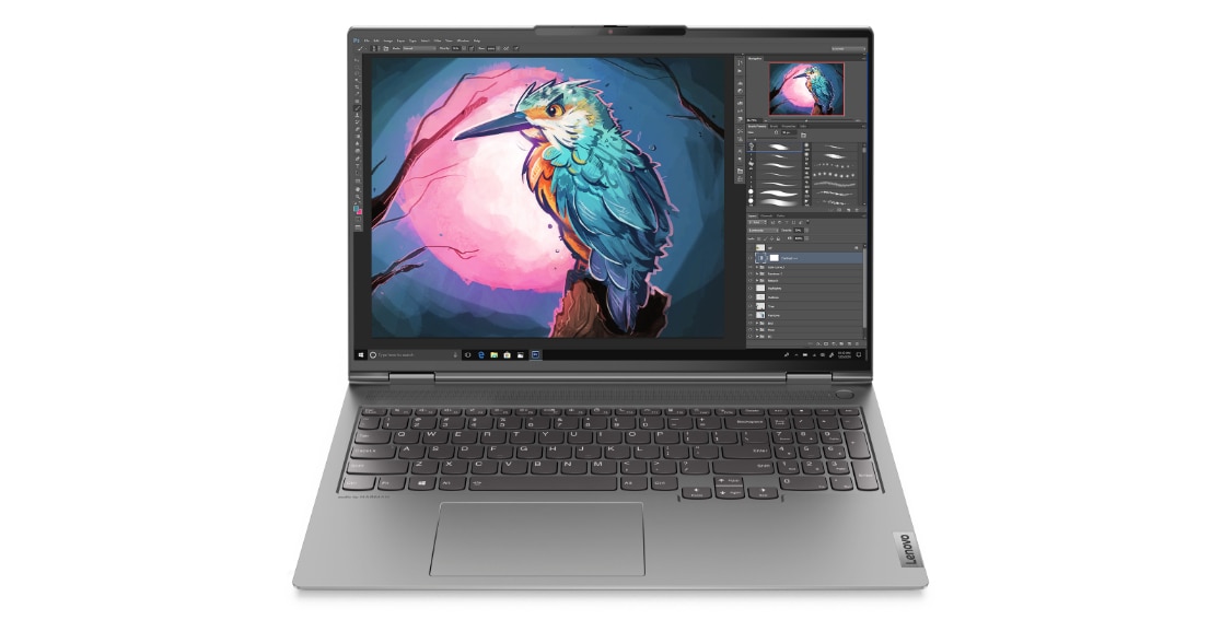 Lenovo ThinkBook 16p Gen 2 (16'' AMD) Notebook – Vorderansicht mit geöffnetem Deckel und Bildbearbeitungssoftware mit Illustration von einem Vogel auf dem Display