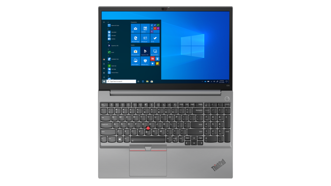 Draufsicht auf das silberne Lenovo ThinkPad E15 Gen 2 um 180 Grad geöffnet