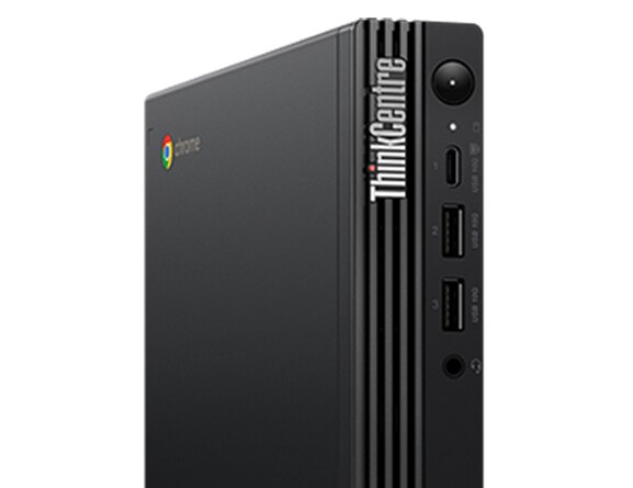 Left-side view of ThinkCentre M60q Chromebox Enterprise with close up of ThinkCentre and Chrome logos