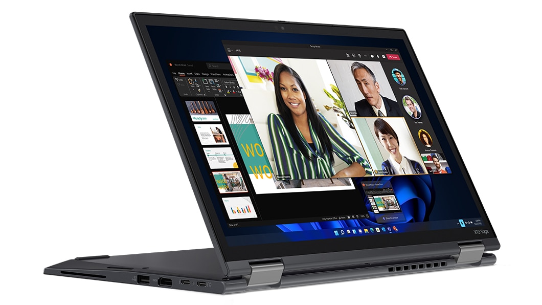 Set fra venstre side af ThinkPad X13 Yoga Gen 3 (13'' Intel), åbnet i præsentationstilstand, viser skærm