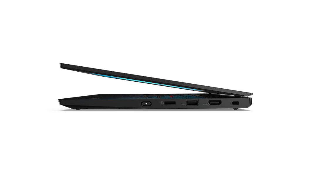 Right view of the ThinkPad L13 Gen 2 (13” AMD) laptop, opened slightly, showing right-side ports