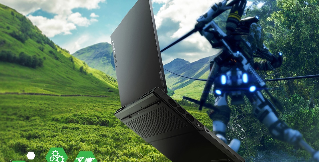 Scène de jeu vidéo animée d’un paysage verdoyant vallonné, d’un portable de gaming Lenovo Legion Pro 7 Gen 8 (16