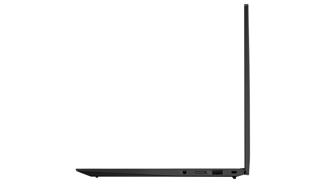 Rechtes Seitenprofil des Lenovo ThinkPad X1 Carbon Gen 10 Notebooks, um 90 Grad geöffnet.
