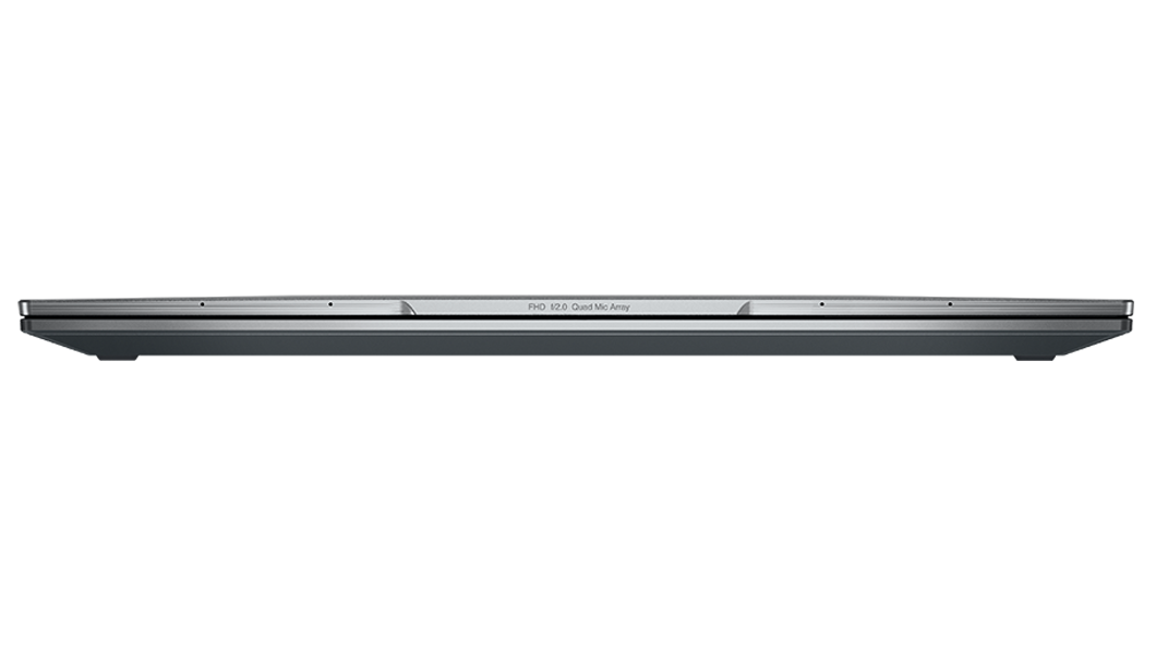 Voorkant van de Lenovo ThinkPad X1 Yoga Gen 7 2-in-1 met gesloten scherm en zicht op de bovenkant van de communicatiebalk.