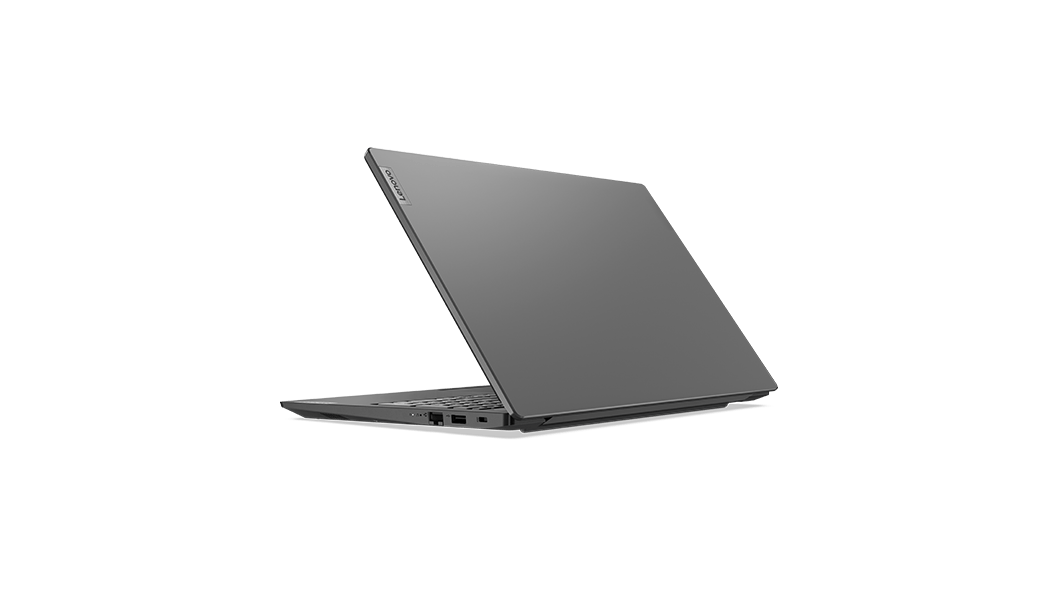 Vista posterior del lateral derecho visible tres cuartos del portátil Lenovo V15 de 2.ª generación (15’’ AMD) con la tapa parcialmente abierta
