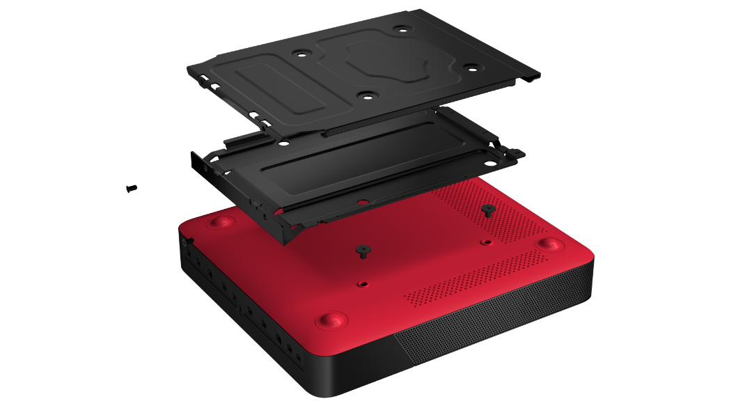 Bottom side of Lenovo ThinkSmart Core computing device with exploded view of VESA mount panels and screw.