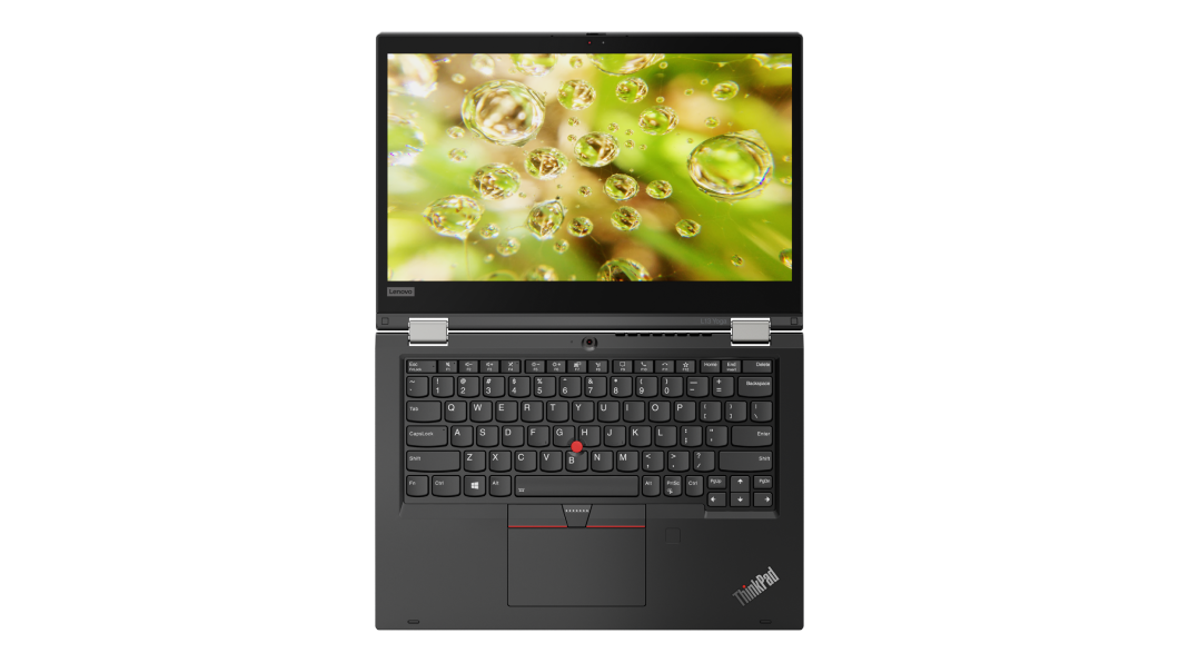Front view of black Lenovo ThinkPad L13 Yoga Gen 2 open 180 degrees