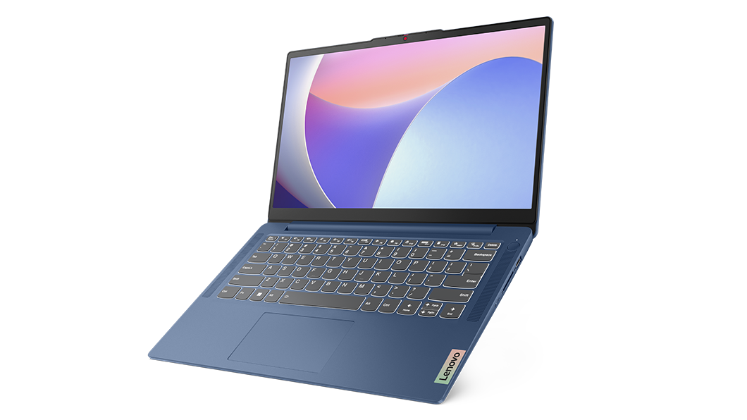 Notebook Lenovo IdeaPad Slim 3i di ottava generazione aperto quasi a 180° con schermo da 35,56 cm (14