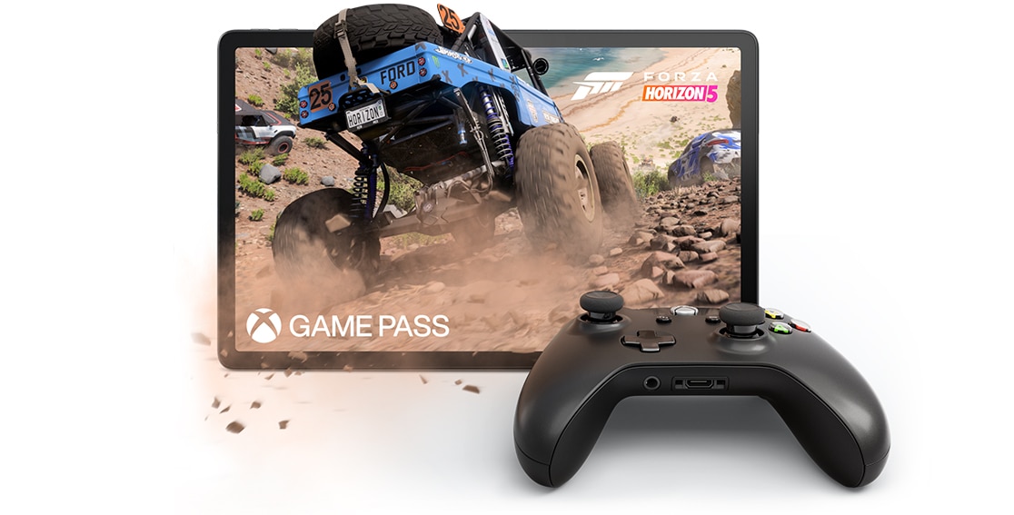 Videojuego Forza Horizon 5 en la tablet Lenovo Tab P11 con un mando de Xbox