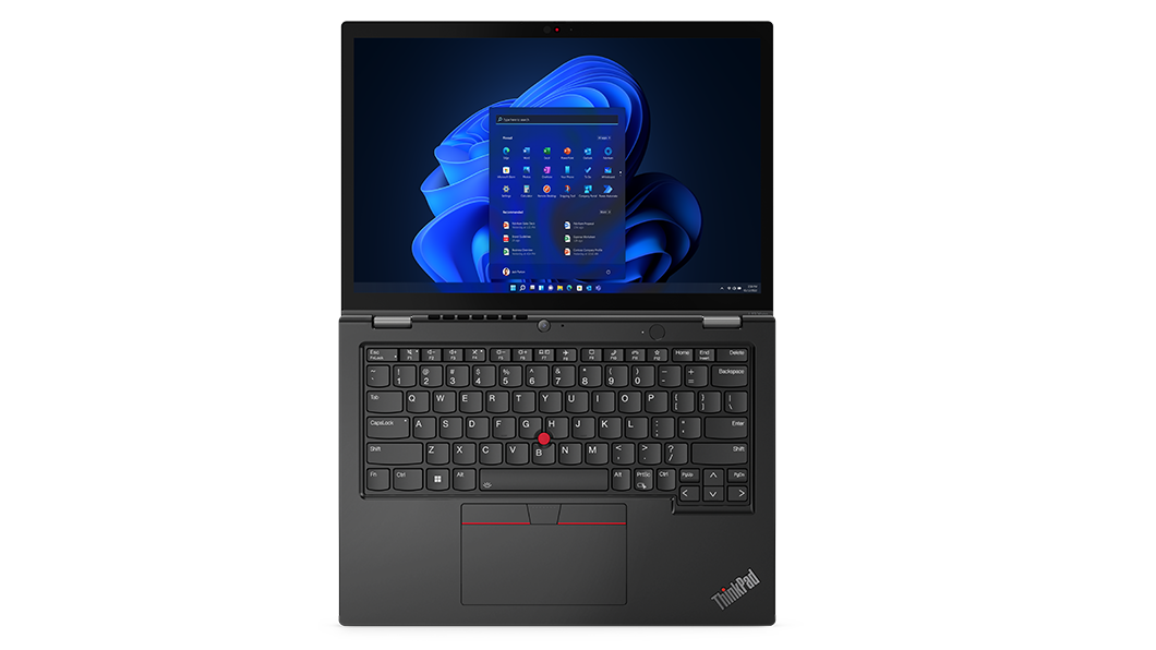 Vista de pájaro del portátil ThinkPad L13 Yoga de 3.ª generación con la pantalla y el teclado visibles