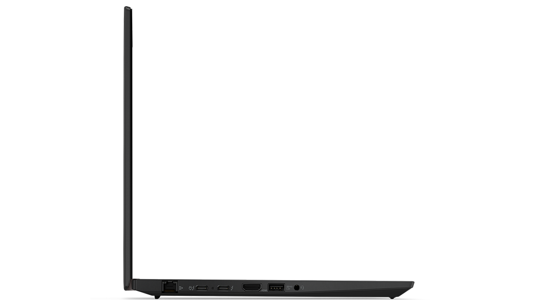 Vue latérale du côté droit de la station de travail mobile ThinkPad P14s Gen 3 ouverte à 90 degrés, montrant les ports et le bord de l’écran