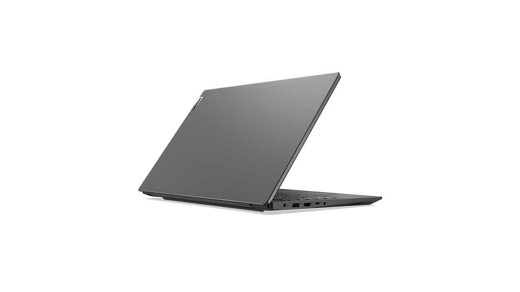 Notebook Lenovo V15 di seconda generazione (15'' AMD) - Vista posteriore destra di tre quarti, parzialmente aperto