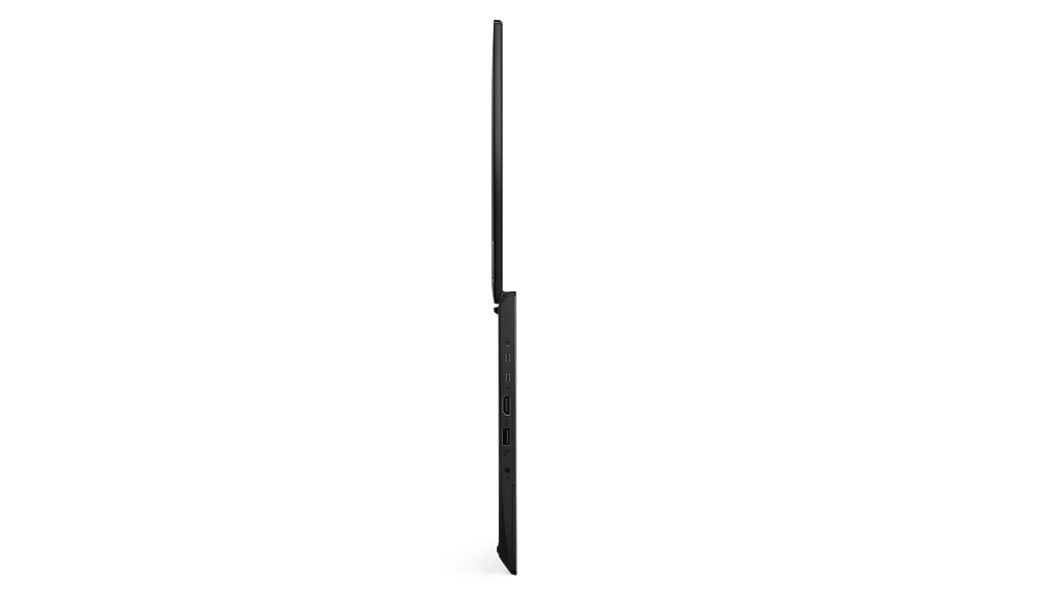 Vista del perfil superfino del lateral derecho del portátil Lenovo ThinkPad L14 de 3ª. generación abierto en un ángulo de 180 grados.