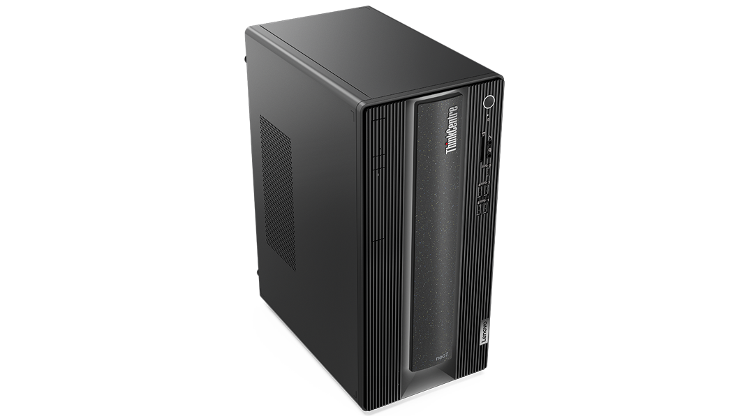Front facing Lenovo ThinkCentre Neo 70t tower tilted to show top