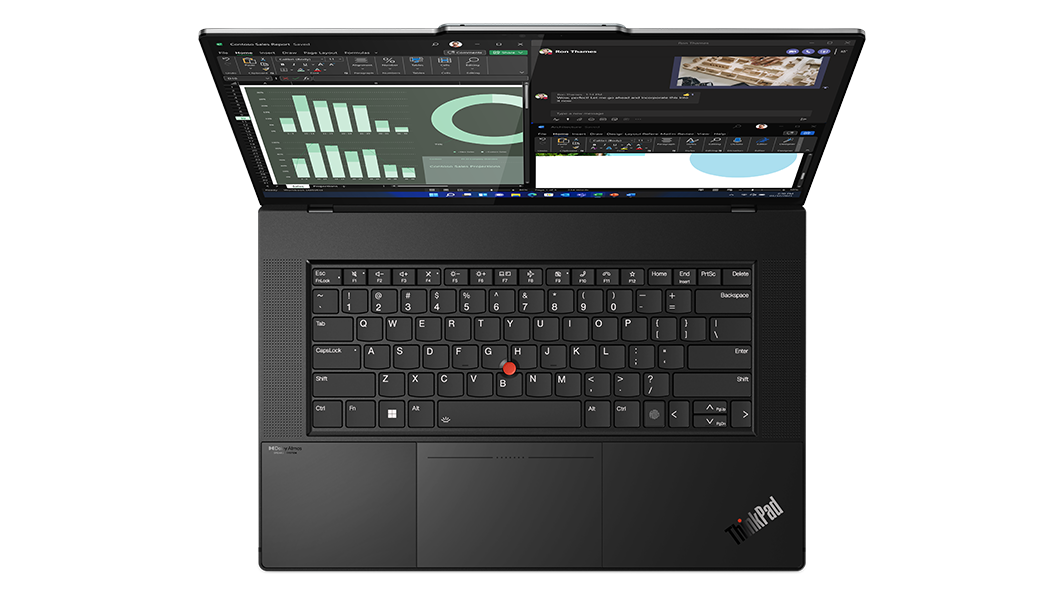 Overhead shot of the Lenovo ThinkPad Z16 laptop open 90 degrees, focusing on the keyboard.