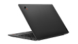 Rear side of Lenovo ThinkPad X1 Carbon Gen 11 laptop open, slightly angled to show Deep Black finish & right-side ports. 
